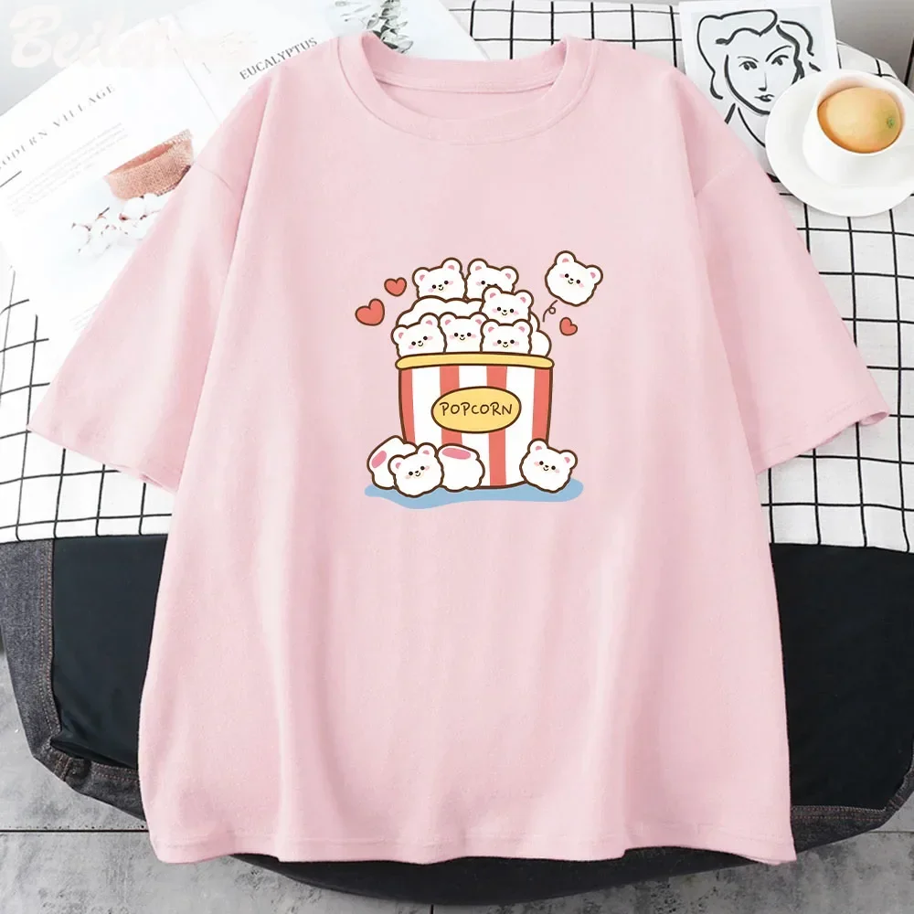 Cute Kawaii Popcorn T-Shirt Woman Cartoon Cute Graphic Tees Summer Unisex Pure Cotton Print Vintage Harajuku Clothes Vintage