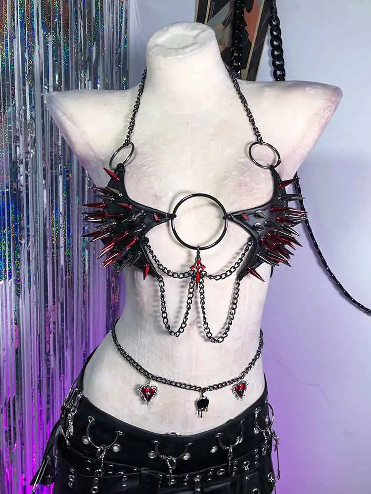 Y2K Gothic Emo Punk Woman Top with Spikes Grunge PU Leather Goth Tank Bra Alternative Clothing ALT Sexy Club Wear for Women