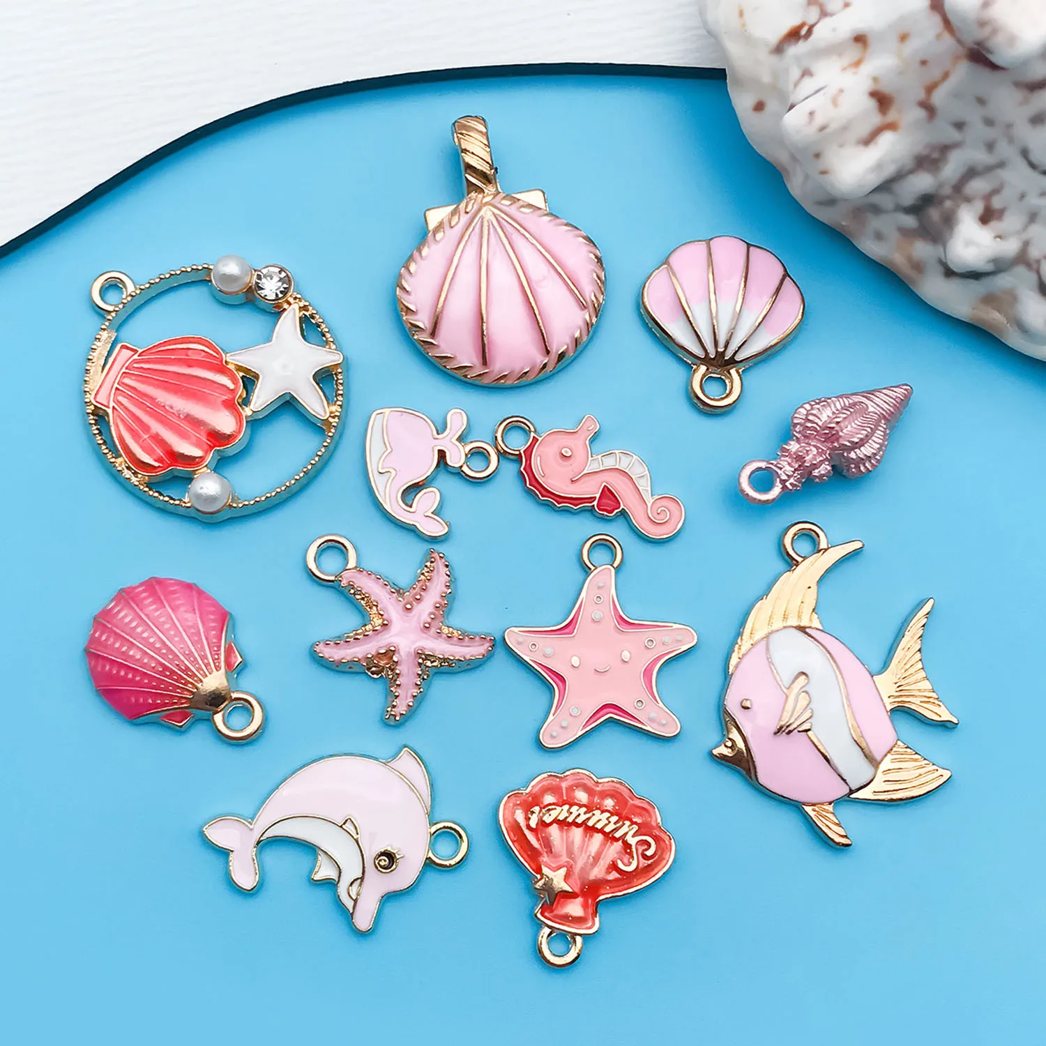 Mix 12pcs/lot Enamel Marine Life Shell Starfish Dolphin Charm Pendant For Jewelry Making DIY Earring Findings Accessories