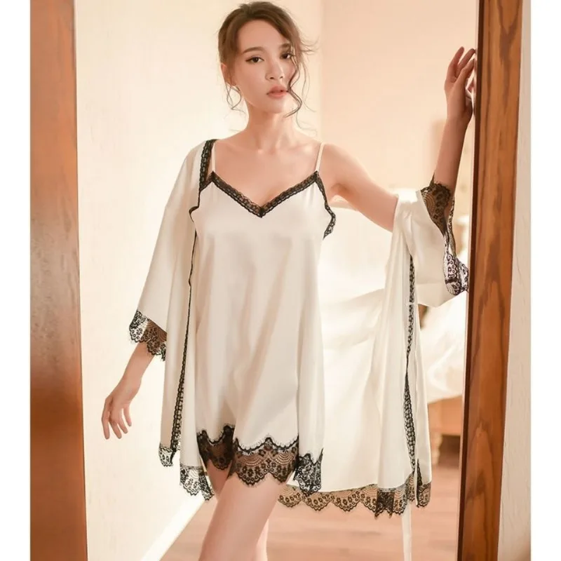 Sexy Smooth and Soft Nightwear Fall Women Spring Fall Ice Silk Thin Slip Nightdress French Lace Seductive No-slip Nightgown Set