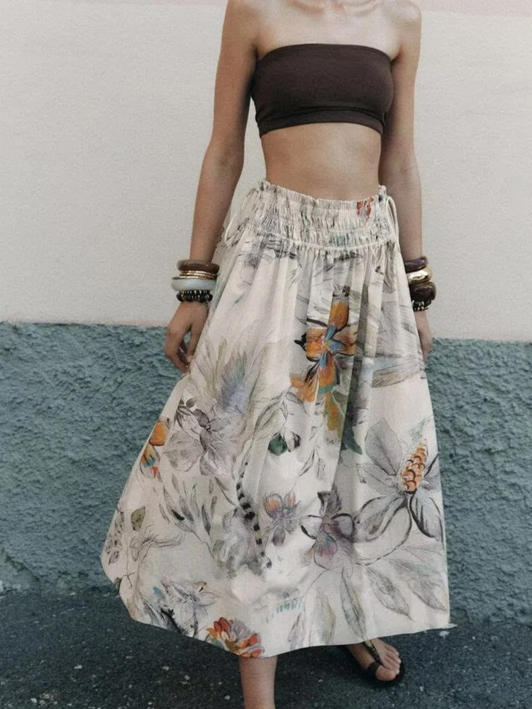 

European and American summer new women's clothing simple temperament slim fashion medium and long printed midi skirt