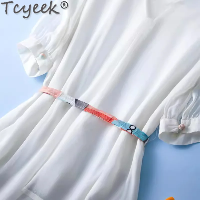 Tcyeek-Vestido blanco de seda de morera para Mujer, traje elegante de hada a la moda, para playa y verano, 100%, 2024