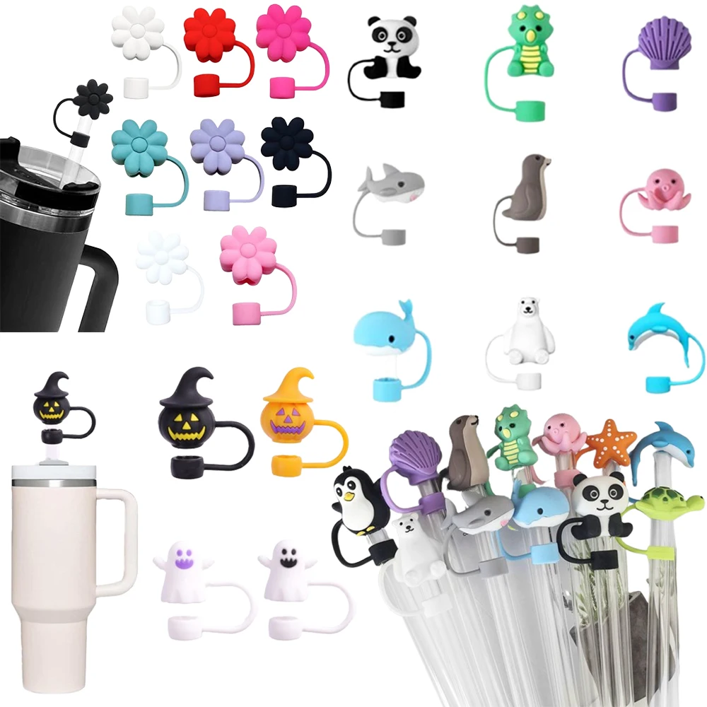 Cute Flower Silicone Straw Cover For Stanley Cup Halloween Drinking Dust Cap Drink Cup Straw Plug Tips Cover Accessories