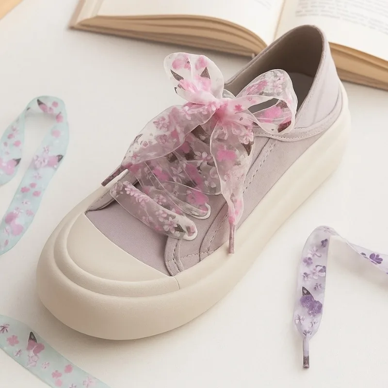 Pair Snow Yarn Printing Shoelaces Ultra-thin 2.7CM Width Sports Sneaker Shoelace Satin Silk Ribbon Snow Yarn Shoe Laces