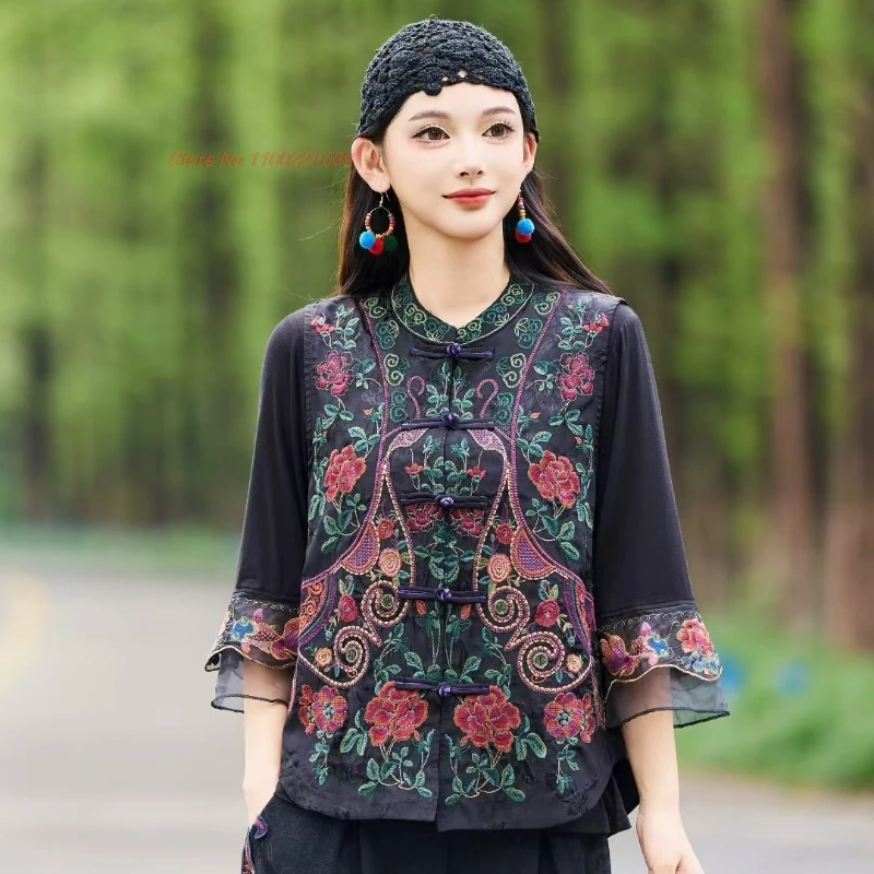 

2025 chinese vintage vest national flower embroidery satin jacquard vest ethnic stand collar vest sleeveless jacket hanfu tops