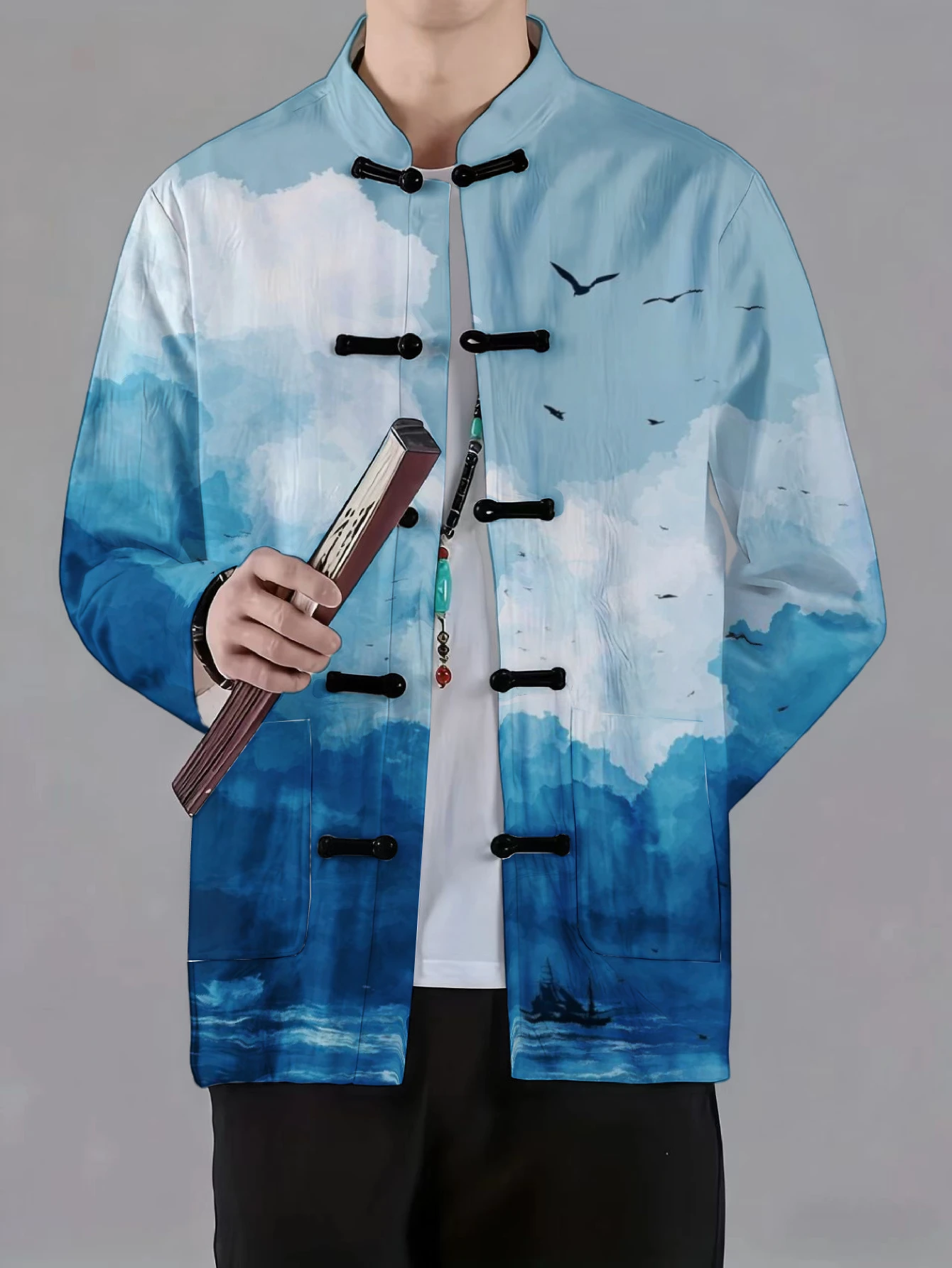 Men Mandarin Collar Frog Button Long Sleeve Jacket Nature Scenery Star Sky Bird Print Traditional Coat
