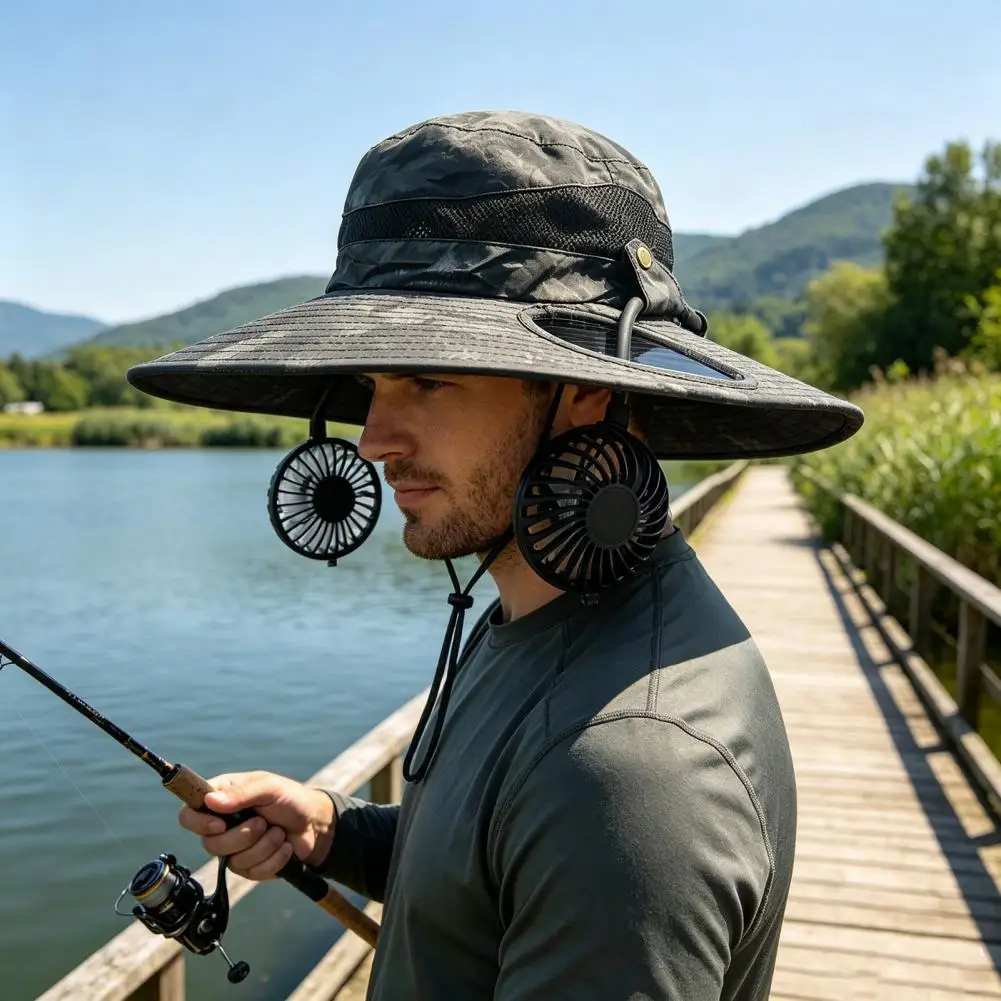 Portable Solar Powered Fan Cap Rechargeable Fan Sun Cap Solar Fan Hat with Dual Solar-powered Fans Upf 50 Wide Brim for Outdoor