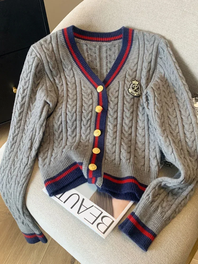 Autumn Winter Women Preppy Style Cardigan Sweater Old Money V-Neck Knitwear Embroidery French Vintage 2000s Aesthetic Thick Cute