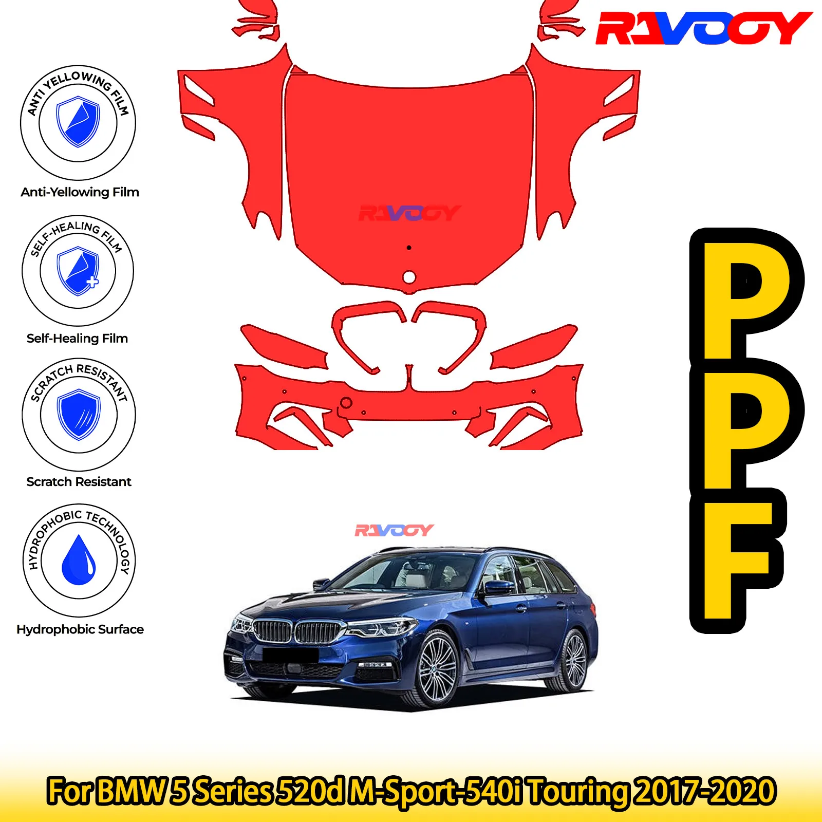 

For BMW 5 Series 520d M-Sport-540i Touring 2017-2020 Glossy Matte Black Precut front PPF Kit Paint Protection Film