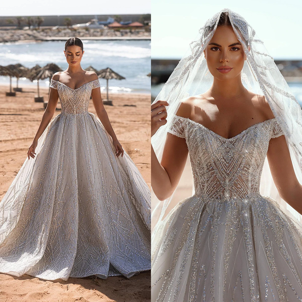 Vestido De Novia elegante con lentejuelas y hombros descubiertos, traje De graduación Sexy, Espalda descubierta, tren De barrido, personalizado