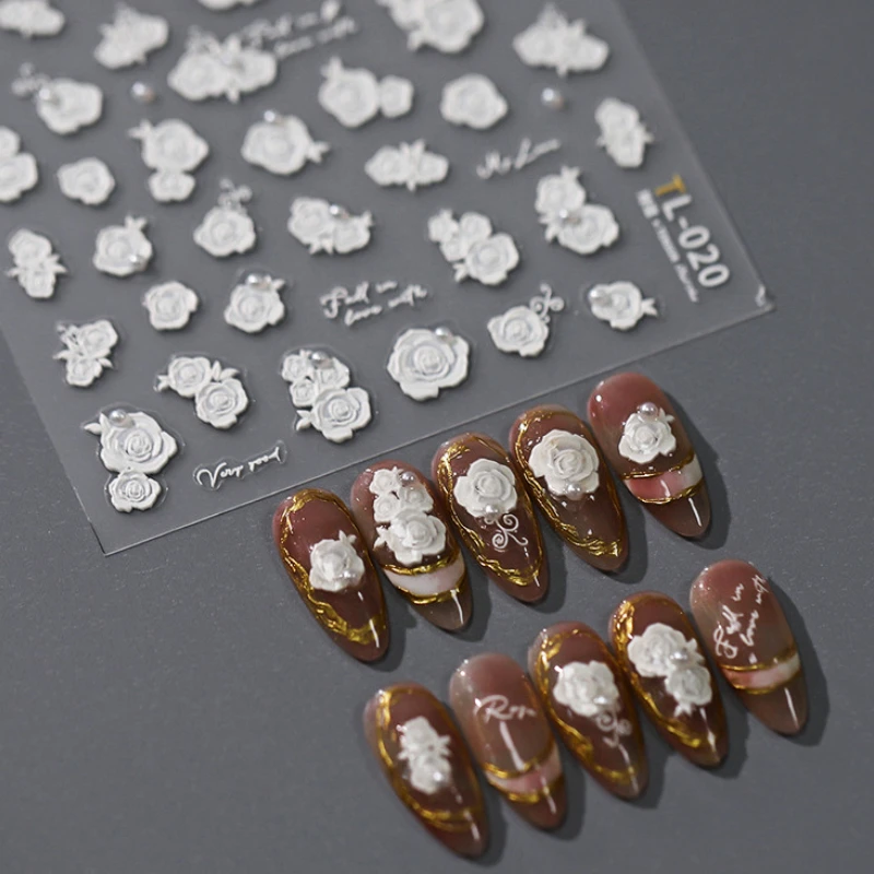 Noble White Rose Pearl 3D Self Adhesive Nail Art Sticker Translucent Butterfly Floral Bowknot Snowflake Manicure Decal Wholesale