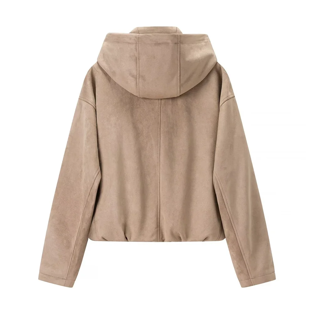 New autumn and winter women's casual loose suede texture effect hooded long sleeved solid color pilot jacket jacket