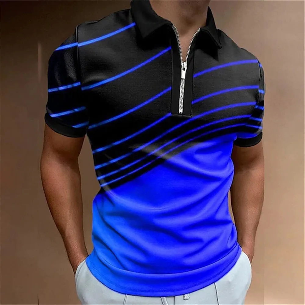 New Men\'s Polo Shirt Golf Geometry Turndown 3D Print Street Short Sleeves Zipper Clothing Fashion Casual Breathable Tops