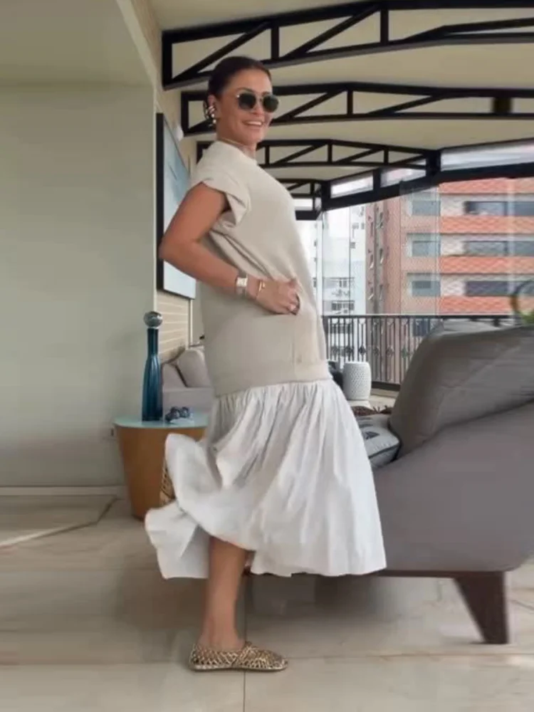 Women Dress Crew Neck Cap Sleeve Color Blocking Midi Dress Loose Fit Pleated Hem Casual Summer Streetwear Office Outfit Dresses