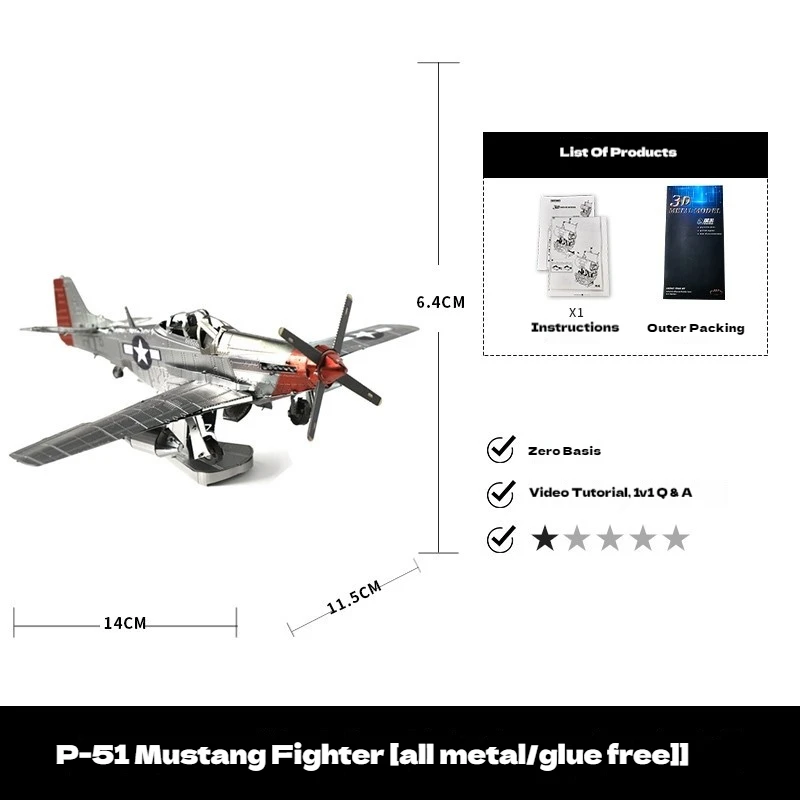 

New Products In Stock P51 Mustang Fighter Model Stainless Steel Jigsaw 3d Airplane Model Handmade Diy Style Various Metal