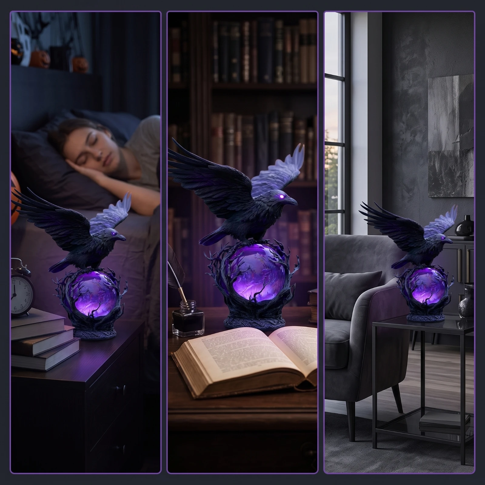 Crow Figurine with Light USB-Powered Crow Lamp Gothic Night Light LED Resin for Goths, Bedroom, Desk view 6