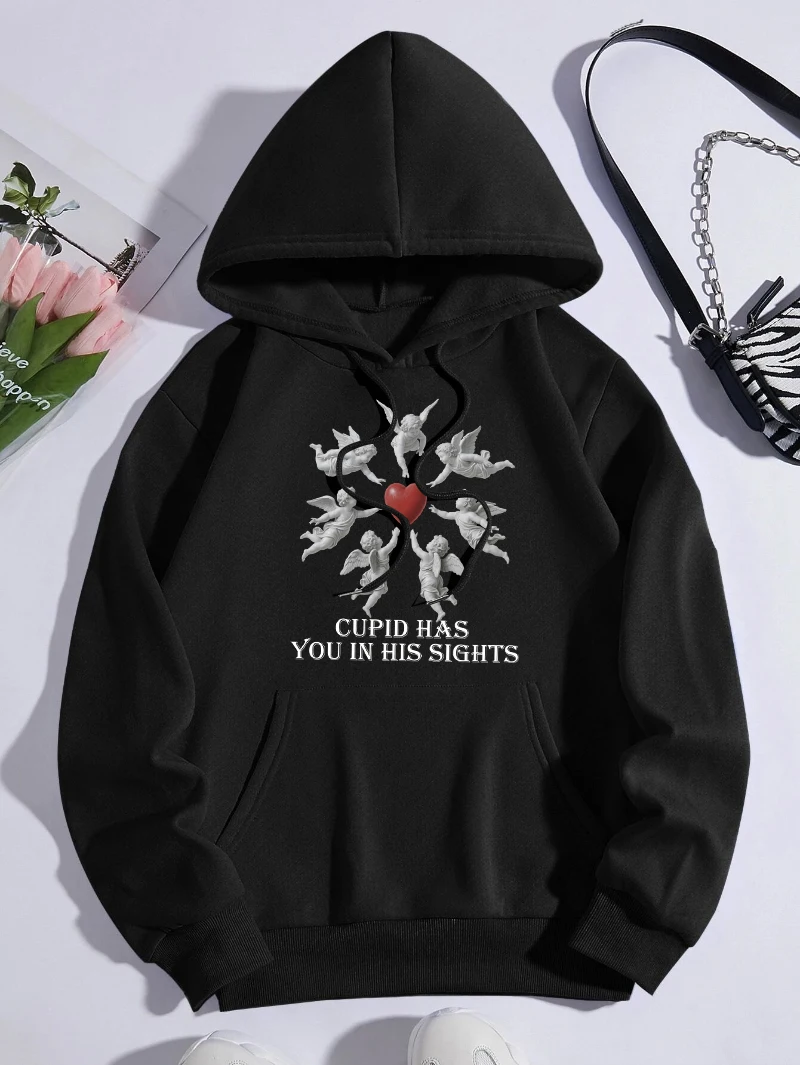 Cupid Has You In His Sights Print Women Hoody Autumn Fleece Hoodies Hip Hop Loose Streetwear Woman Casual All-Match Hoodie
