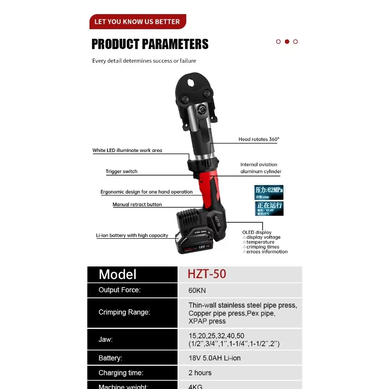 

【From China】HZT-50 Portable 18V Li-ion Multifunctional Hydraulic Crimping Tool Pressing Tool Battery Powered Steel Material