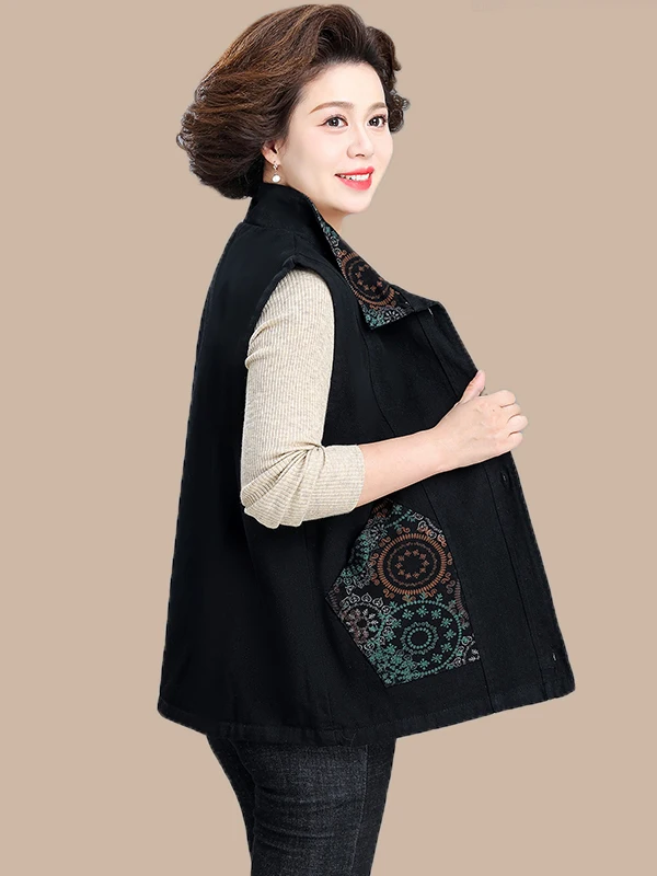 Faionable Cotton Polyester Vest Outerwear for Middle-Aged And ly Women Spring Autumn Wearable Patch ket Open Cardigan