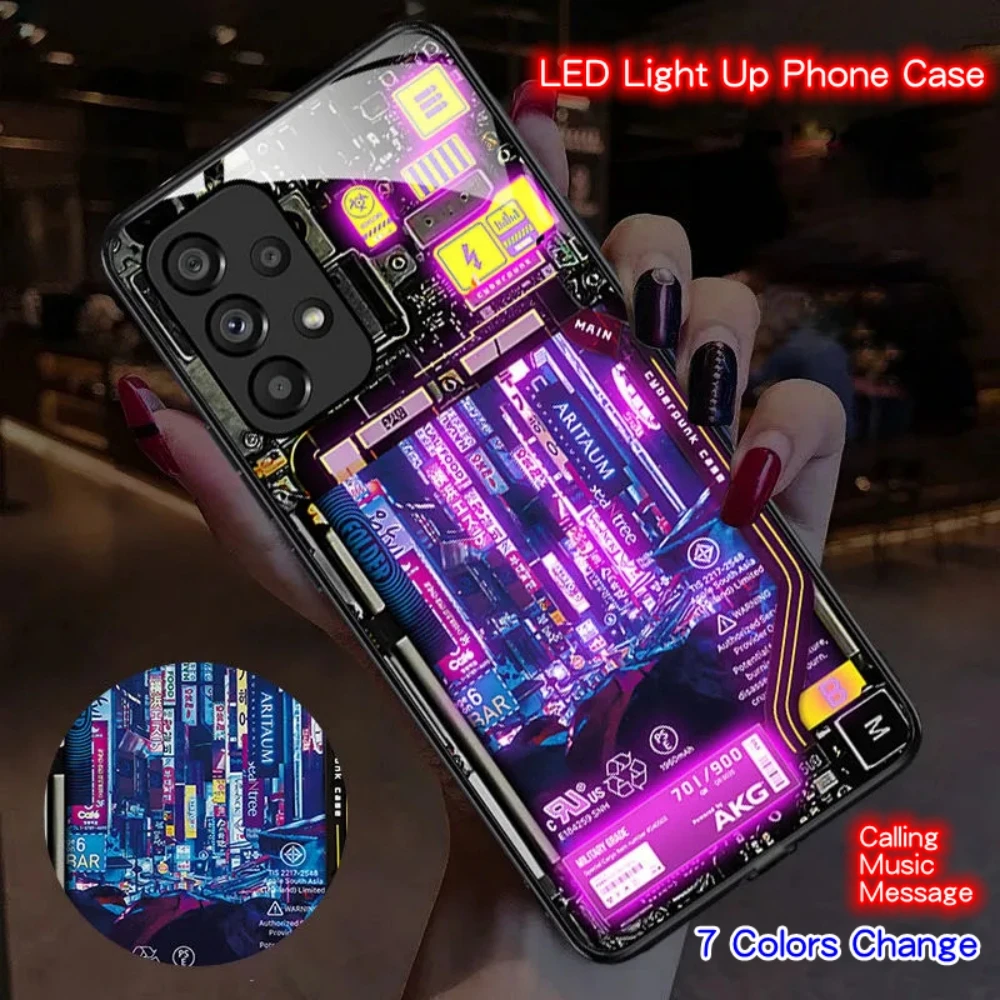

Luxury Punk City Luminous Phone Case LED Light Glass Shockproof Cover For Samsung S25 S24 S23 S22 S21 S20 FE Plus Ultra