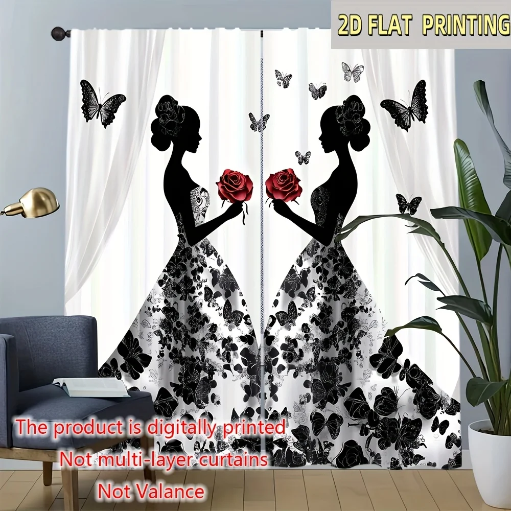 Elegant Lady Silhouette Curtain, Red Rose Butterfly Floral Window Drape, Romantic Bedroom Decor, Blackout Fabric for Living Room