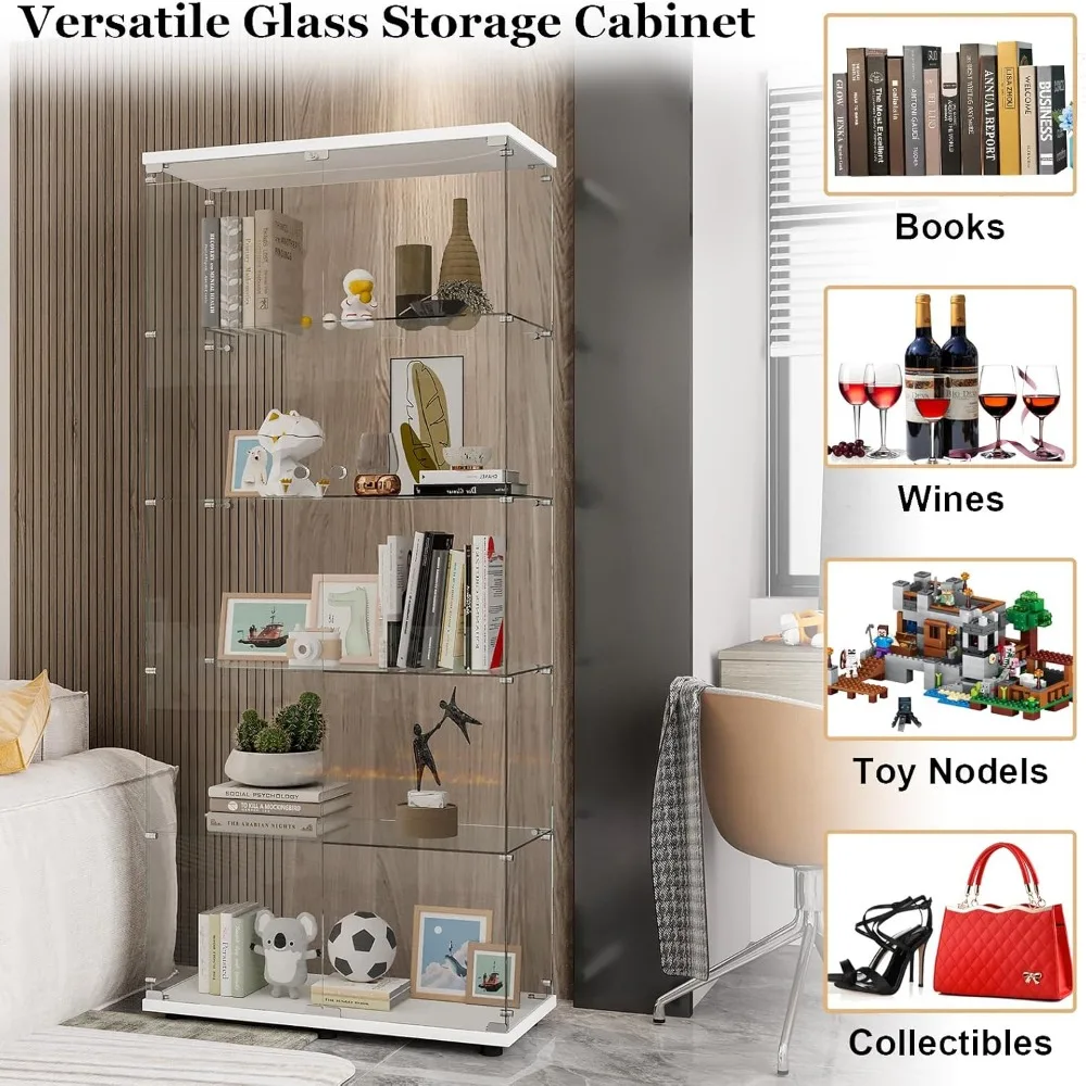 Bookshelf with Glass Doors and 5 Tiers, Floor Standing Glass Storage Shelf, 74 Inch Freestanding Bookshelf