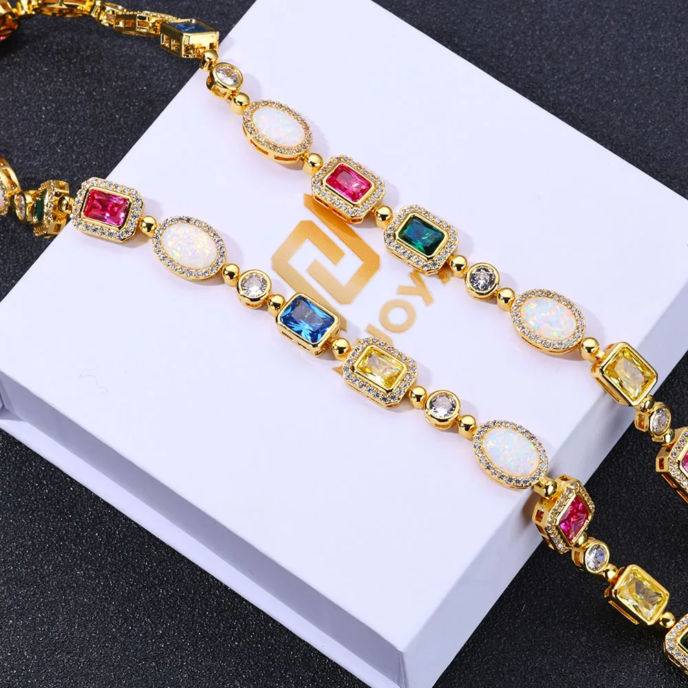 

Rainbow Geometric Bling CZ Stone Chain Necklace Multicolor Round Oval Gemstone White Gold Plated Choker for Women Men