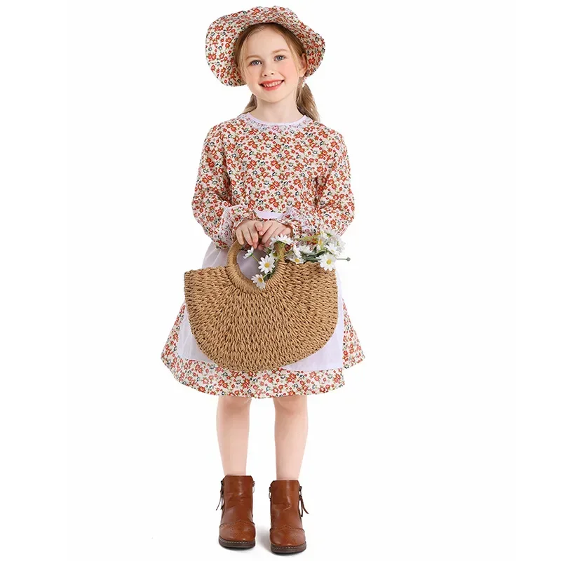 3 pçs/set floral colonial fazenda aldeia menina cosplay traje pioneiro pradaria vestido bonnet crianças meninas 4-16y adolescentes