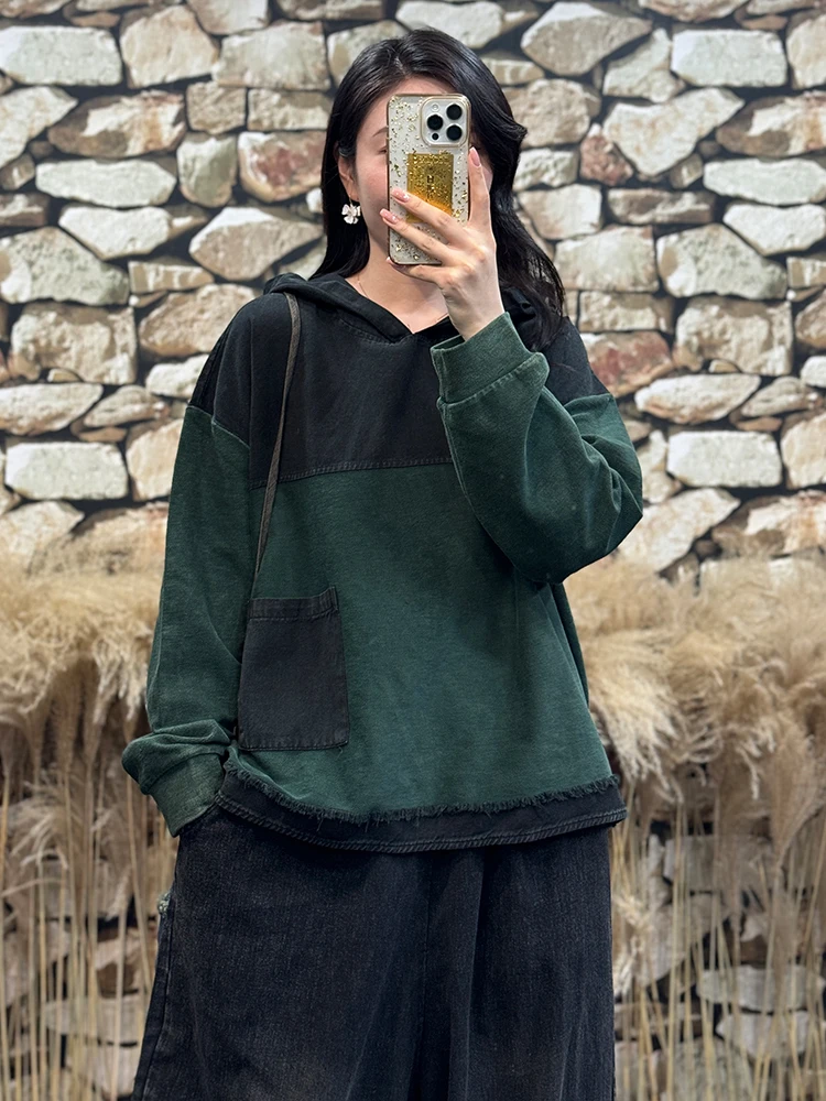 Amax LuluE ملابس الخريف الكلاسيكية النسائية خمر موضة فضفاضة مقنعين هوديس السيدات الفاخرة المرقعة بلوزات القطن عادية