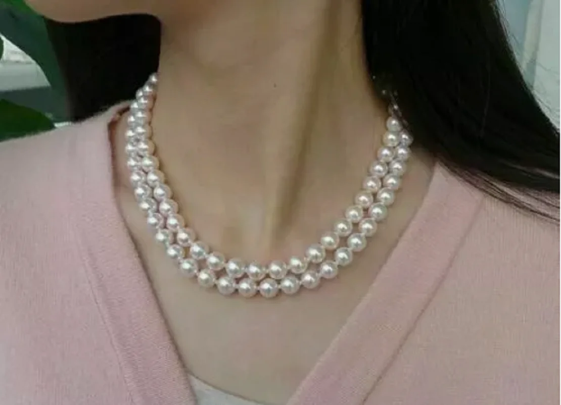 

double chain AAA 8-9mm natural Akoya white pearl necklace with 14K