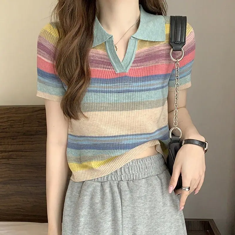 Summer Woman Clothing Rainbow Striped Short Sleeve Shirt Unique Chic Ins Temperament Elegant Polo-neck Thin Youth Lively Sweet