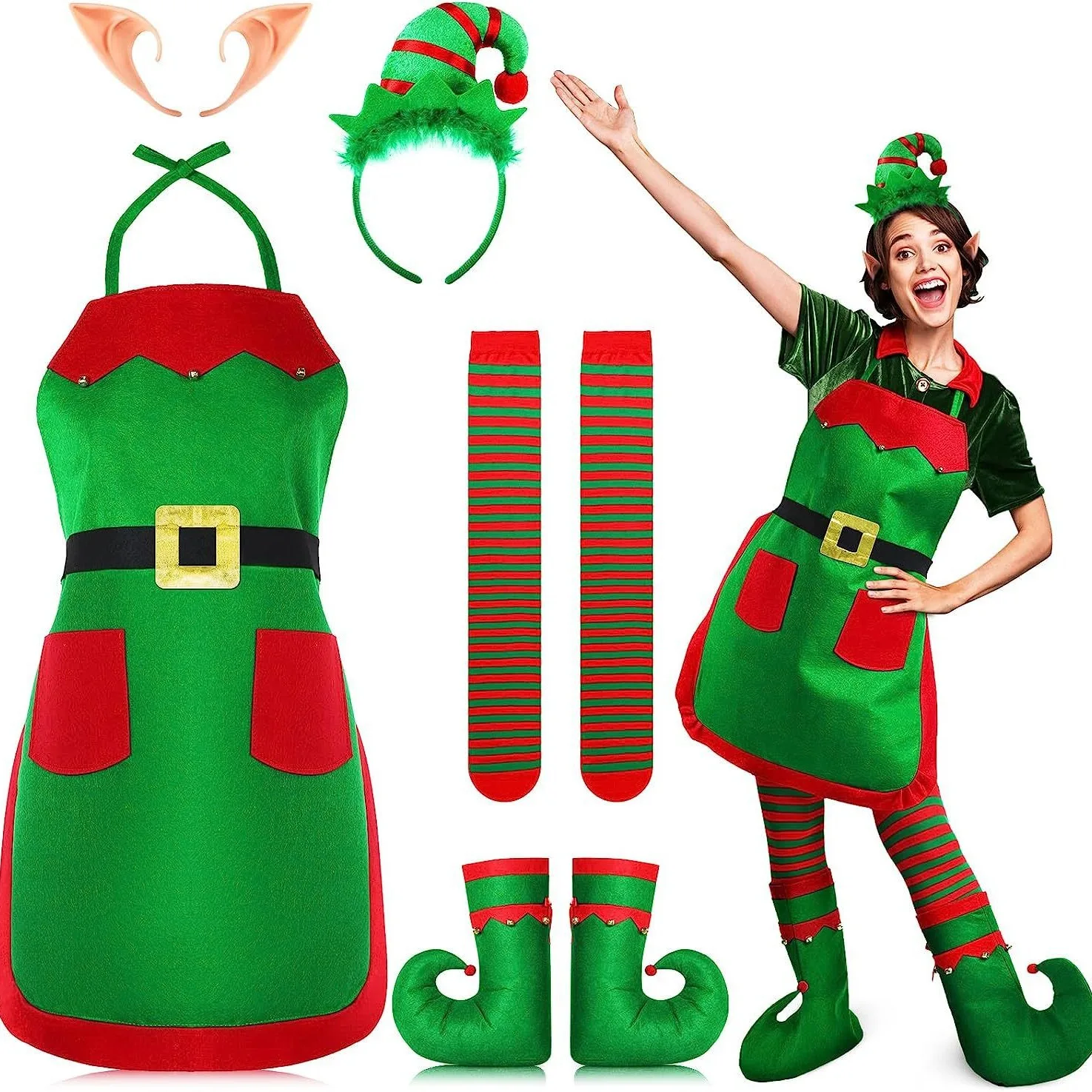 Kerstkostuumbenodigdheden Kerstschort Familiefeest Festivalbenodigdheden Hoed Oor Leuke Fancy Groene Elf Cosplay Set voor Mannen Vrouwen