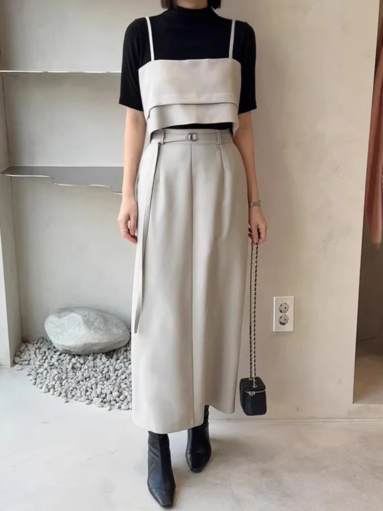 

Clothland Women Elegant Camis Skirt Suit Sleeveless Crop Top Blouse Belt Midi Skirts Chic Two Piece Set Mujer TA653