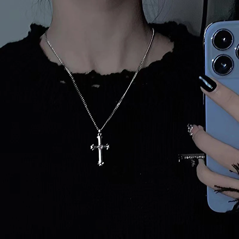 Fashion Harajuku Goth Punk Cross Pendant Necklace For Men Women Hip Hop Vintage Y2k Clavicle Chain Jewelry Accessories Gifts