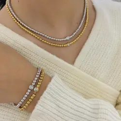 Peri'sbox Solid Gold Plated Dainty Clear Rhinestone Necklace Bracelet Set Women Simple Stainless Steel Beads Chain Jewelry Sets