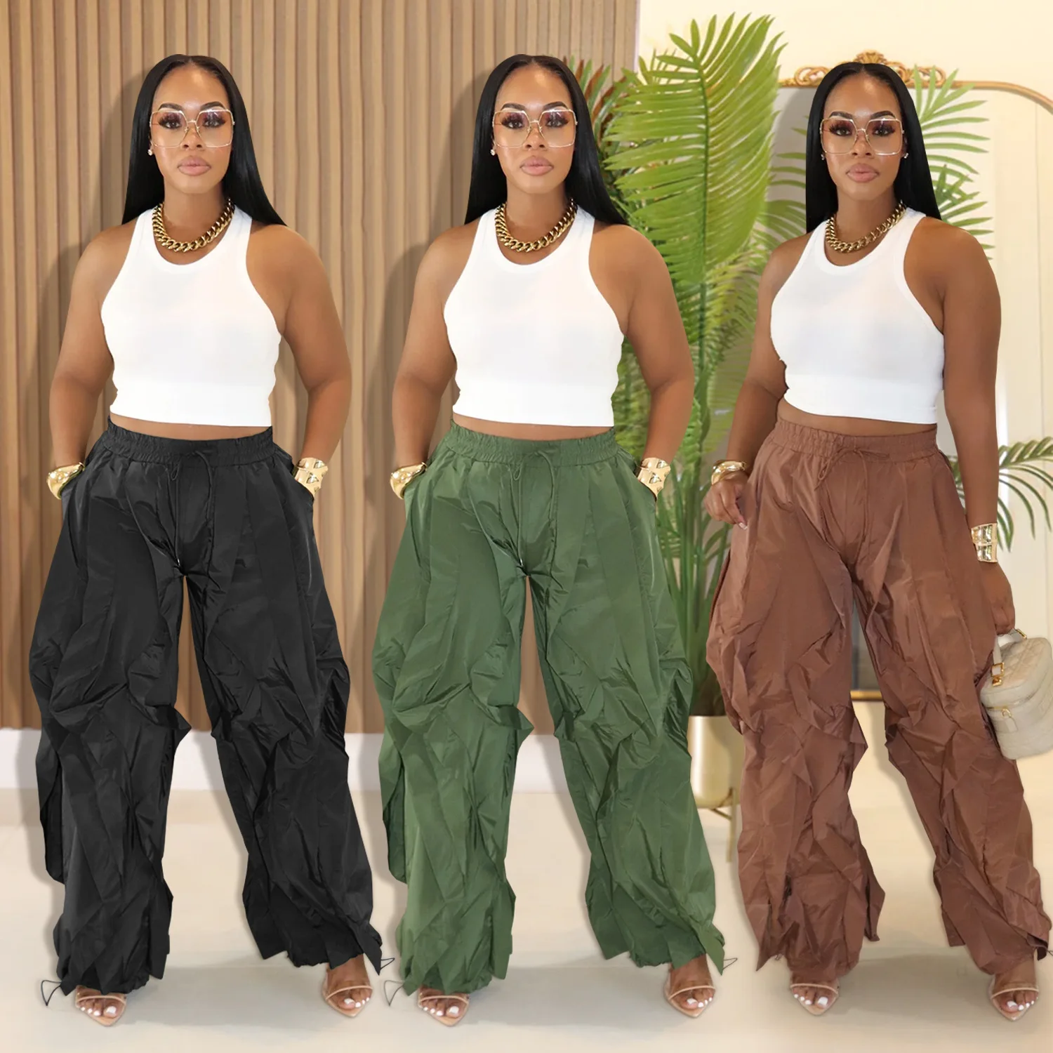 

Женские свободные широкие длинные брюки с карманами и оборками, осень 2026, уличная одежда-карго, брюки в стиле сафари