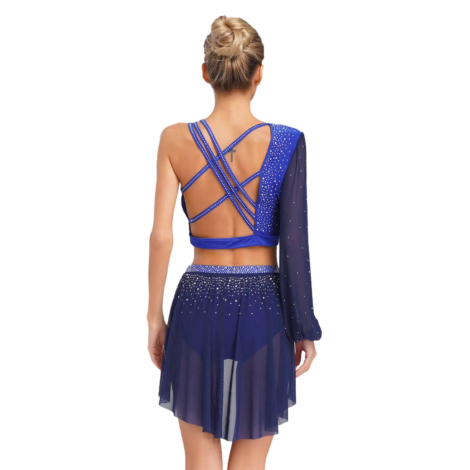 Abito da ballo jazz lirico da donna con strass, manica singola, top corto senza schienale con gonna a rete, slip, costume da competizione in 2 pezzi