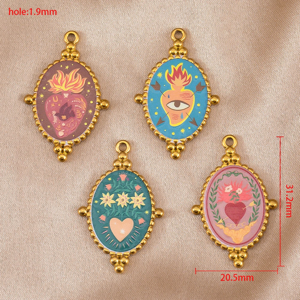 2pcs Stainless Steel Gold Plated Enamel Heart Printed Pendants Eye Charms For DIY Jewelry Making Necklace Accessories Wholesale