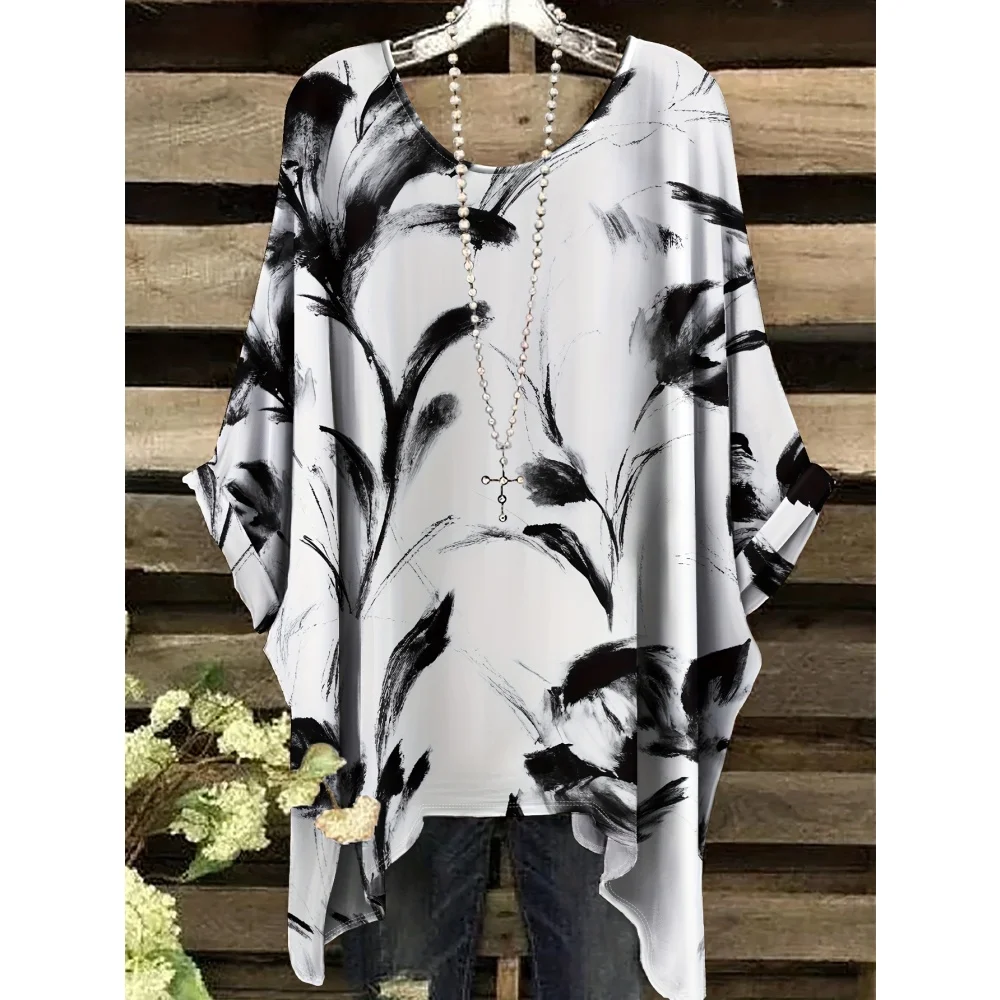 

Элегантная женская футболка большого размера в богемном стиле с простым цветочным принтом бабочки, универсальная женская одежда с асимметричным подолом и круглым вырезом