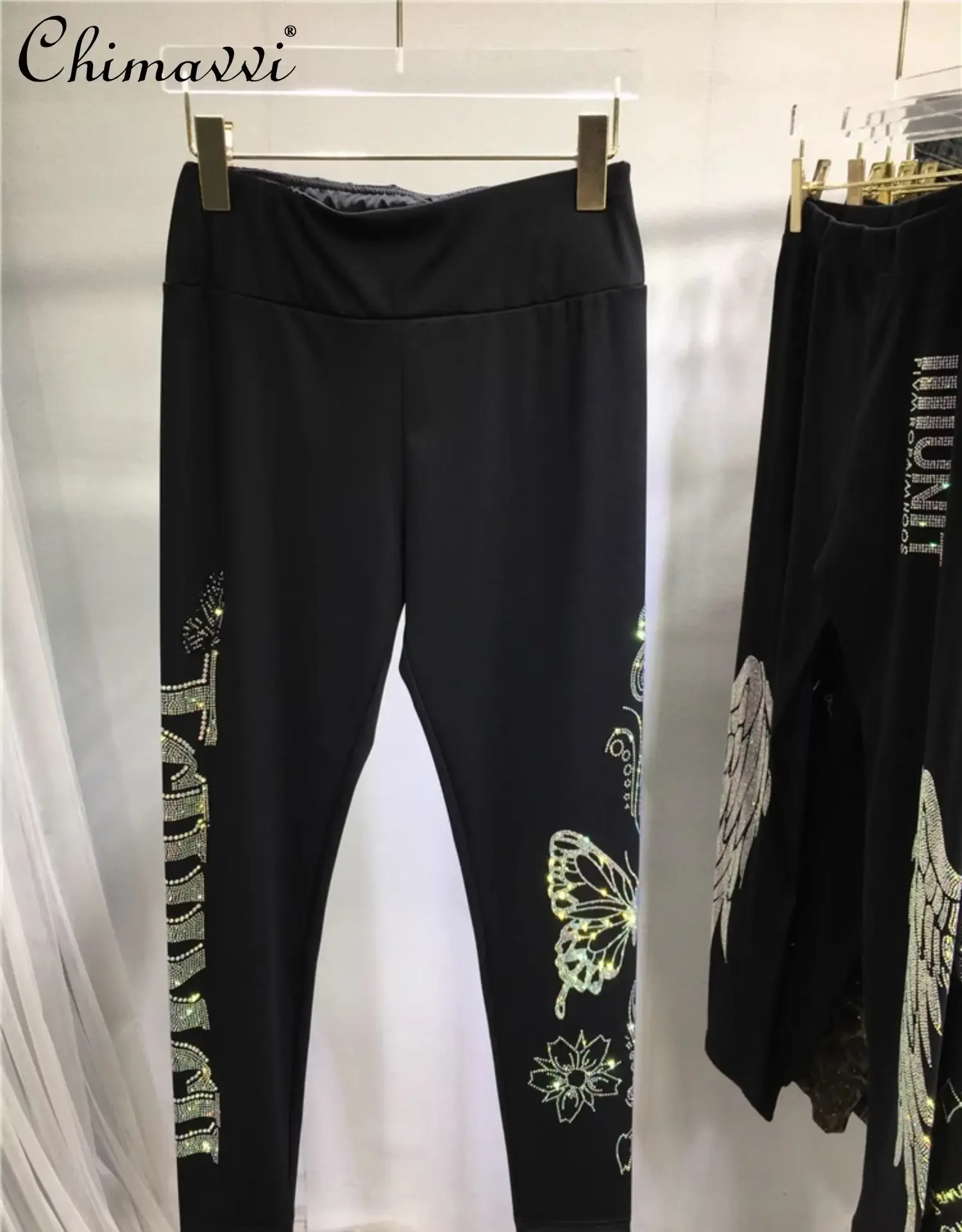 Europese Zware Industrie Hete Diamanten Leggings Damesmode Vlinderbrief Legging Zwarte Yogabroek Herfst En Winter