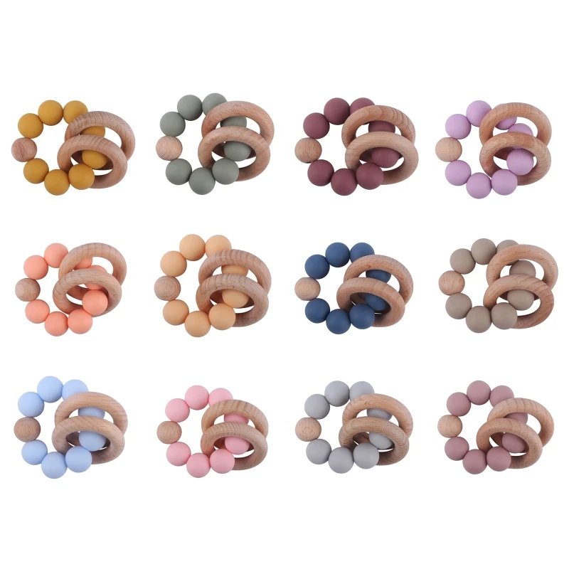 Baby Teether Bracelet Silicone Beech Beads Ring Wood Rattles  Toy for Baby Girls Boys Teething Nursing Toy Appease