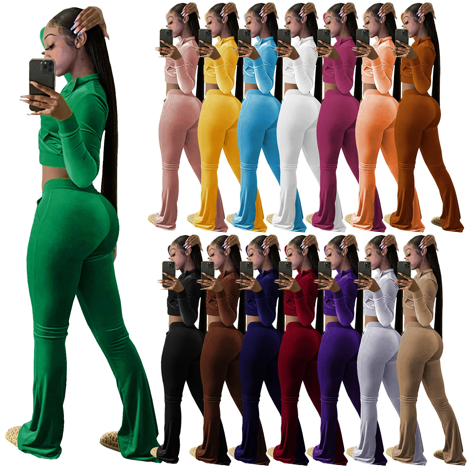 HR8191 Fashion Women's Wear Quality Solid Color Open Navel Flare Pants Set