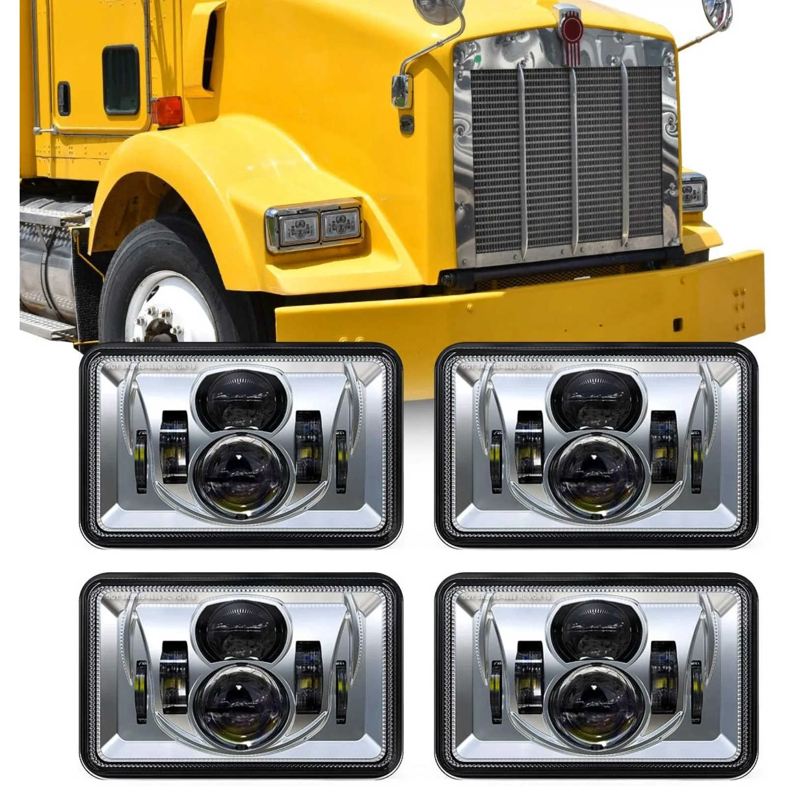 US  4x6 Inch LED Headlights 4 PCS 60W 14400LM DOT Approved Rectangular, Replacement for H4651 H4652 H4656 H4666 H6545 Compatible