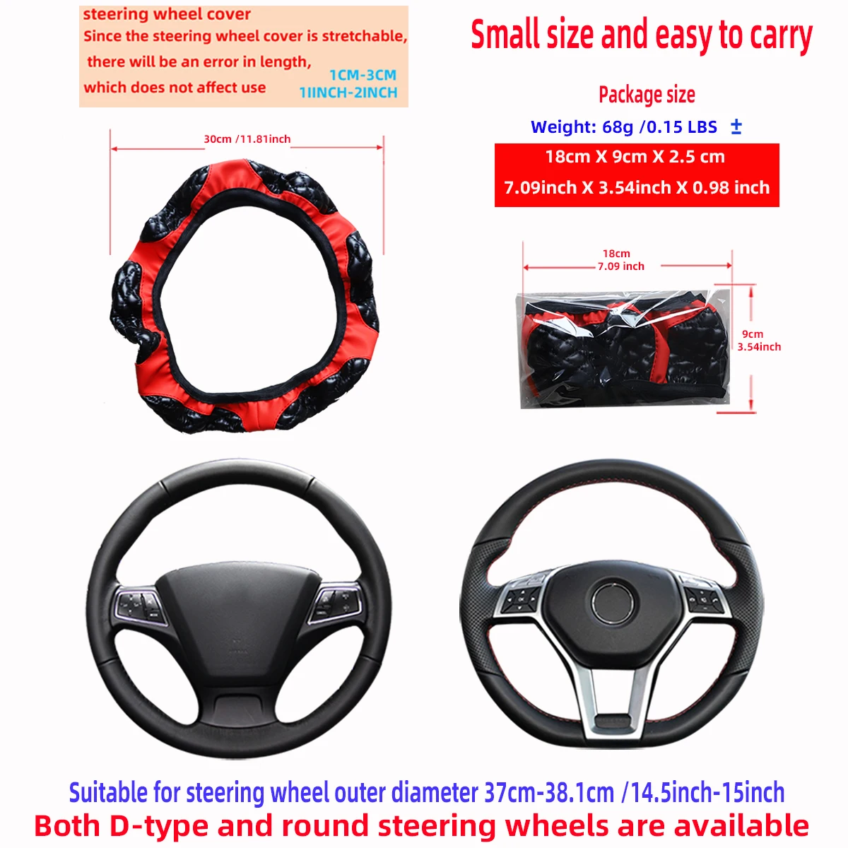 6 Semi-Circular PU Sheepskin Embroidered Car Rimless Steering Wheel Cover for 14-15 Inch Car Interior Accessories