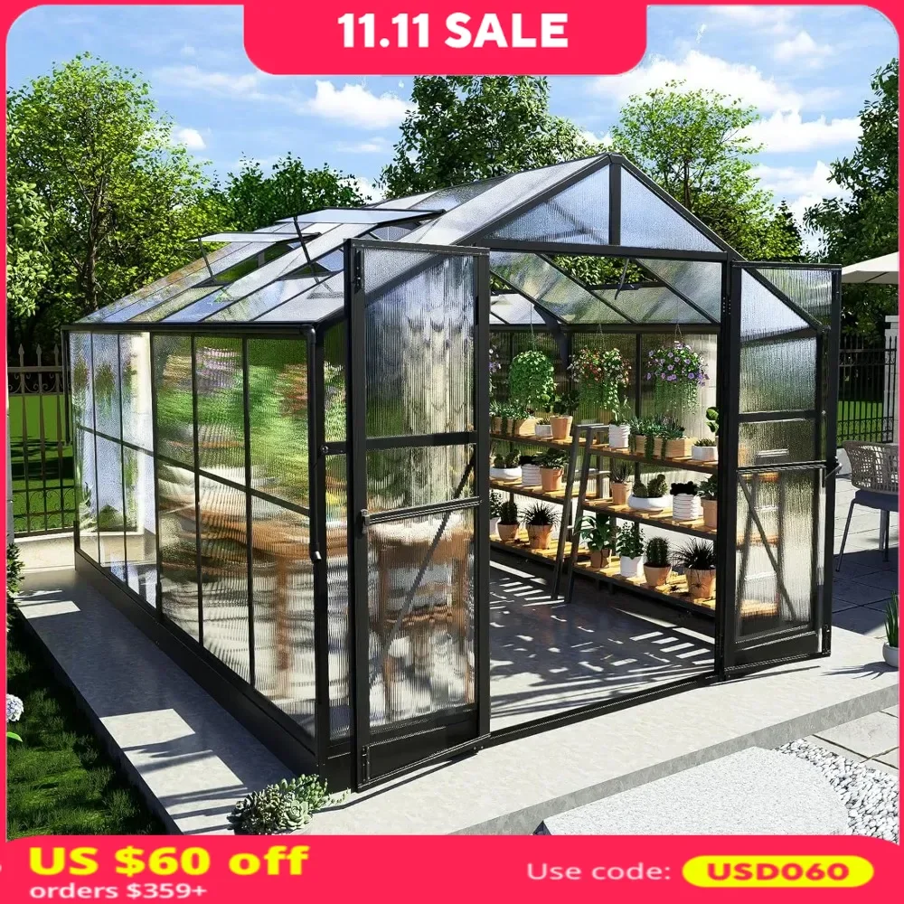 8x12x7FT Greenhouse with Quick-Connect System, 4 Vent Windows and Swing Lockable Door, Outdoor Polycarbonate Walk in Greenhouse