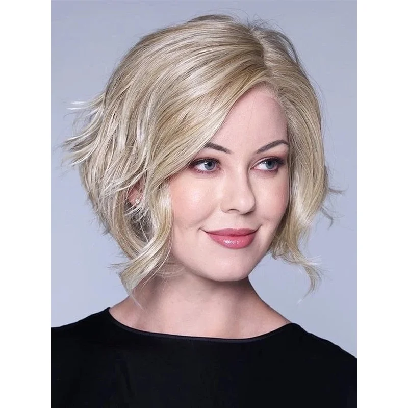 Fashion Women's Layered Short Brown Mix Blond Wavy Hair Wigs 12 Inch