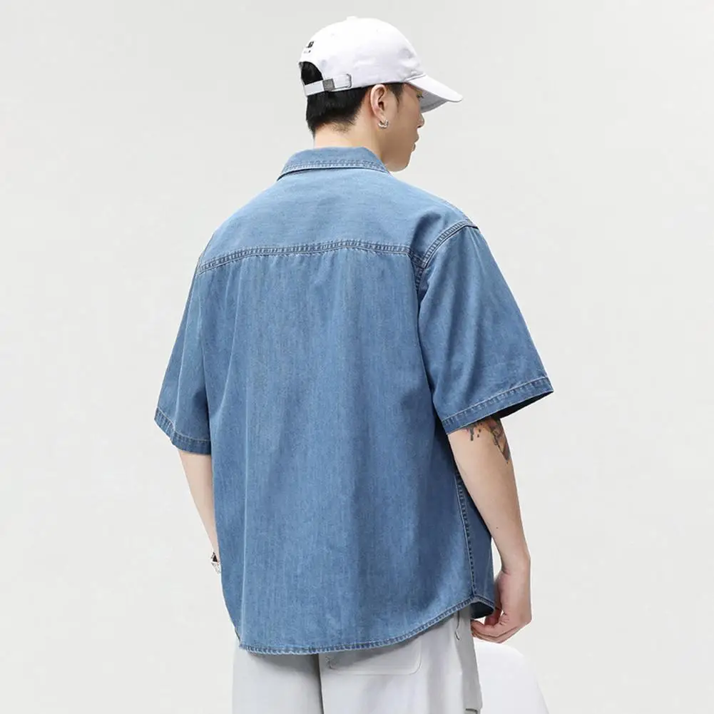 Button Down Denim Shirt Casual Short Sleeve V Neck Chambray Blouse Top Boyfriend Style Loose Fit Daily Wear Jean Shirt Beachwear