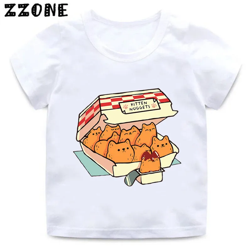 Hot Sale Kitten Nuggets Fast Food Cat Happy Print Kids T-Shirts Girls Clothes Baby Boys T shirt Summer Children Tops,ooo5882