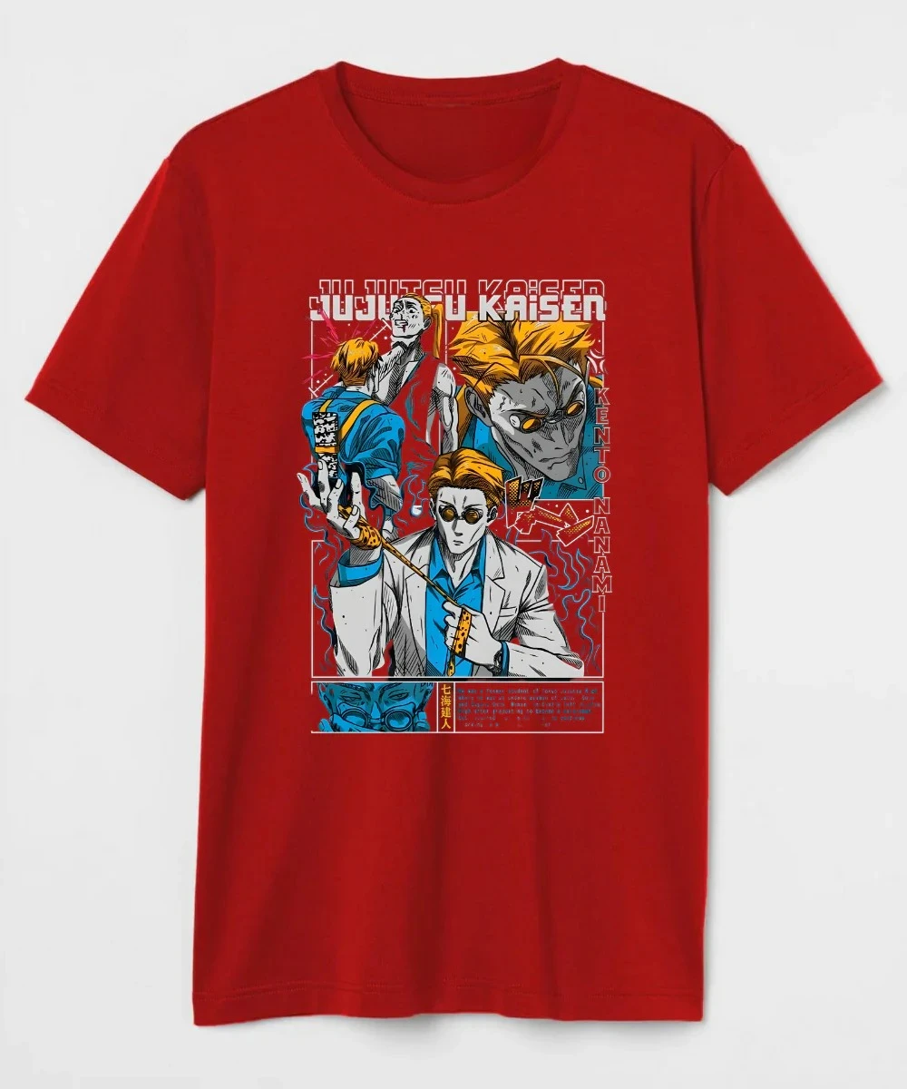 Koszulka graficzna z postaciami anime Jujutsu Kaisen: Satoru Gojo, Kento Nanami, Toji Fushiguro, męska odzież uliczna na lato 2025, czarna, bawełna.
