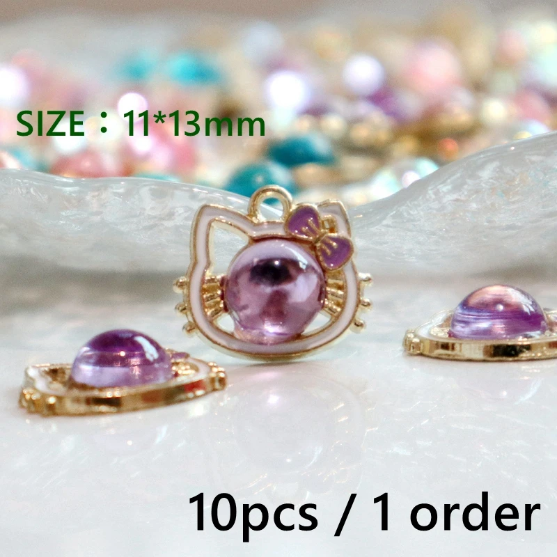 10PCS Kawaii Hello Kitty Metal Pendant Trendy Translucent Acrylic Alloy Charms DIY Necklace Bracelet Jewelry Dangle Accessory